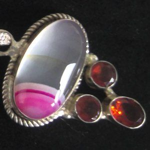 Sterling 925 Silver Pendant Pink Agate Fire Opals